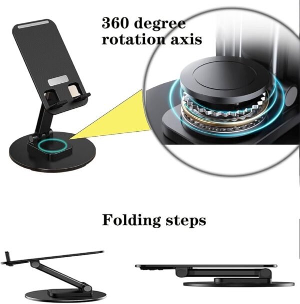 Mobile Phone Stand 360° Rotation Height and Angle Adjustable Cell Phone Stand for Desk Office Foldable Desktop Phone Holder for Smartphone