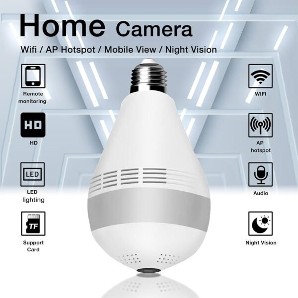 Wi-Fi Full Ultra HD 1080P CCTV Smart Security IP Camera Led Bulb with Holder Light Vision Indoor Wireless Camera Panoramic Fish Eye Shape V380 Pro (Bulb Camera)