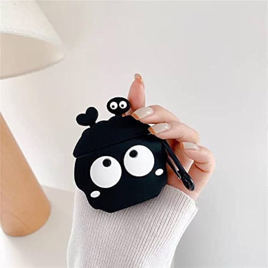 AirPods Pro (2019) Case Cover | Cute 3D Cartoon Character Soft Silicone Protective Pouch with Keychain | 360° Full Protection for AirPods Pro Charging Case (Black Funny Two Eyes)