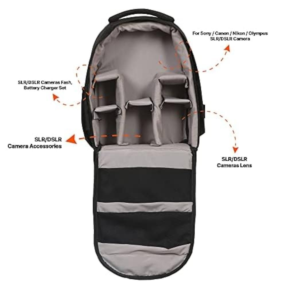 Water Resistant Camera Backpack with Rain Cover, Tripod Holder & Adjustable Dividers – Compatible with DSLR Cameras (Black & Orange)