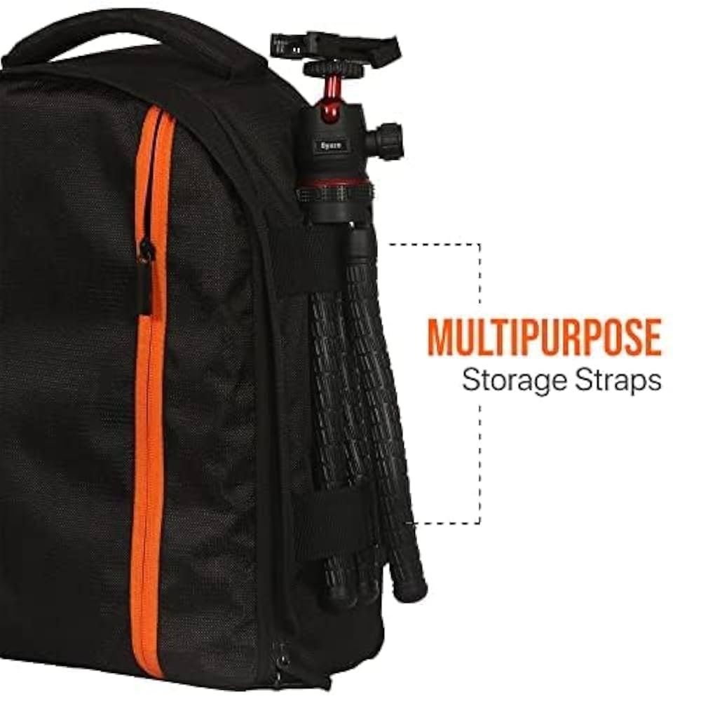 Water Resistant Camera Backpack with Rain Cover, Tripod Holder & Adjustable Dividers – Compatible with DSLR Cameras (Black & Orange)