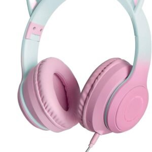 Kids Cat Ear Bluetooth Headphones with LED Lights – Foldable Over-Ear, HD Sound & Mic (Pink with Mic)