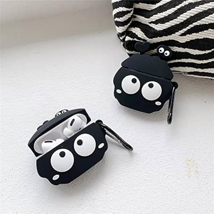 AirPods Pro (2019) Case Cover | Cute 3D Cartoon Character Soft Silicone Protective Pouch with Keychain | 360° Full Protection for AirPods Pro Charging Case (Black Funny Two Eyes)