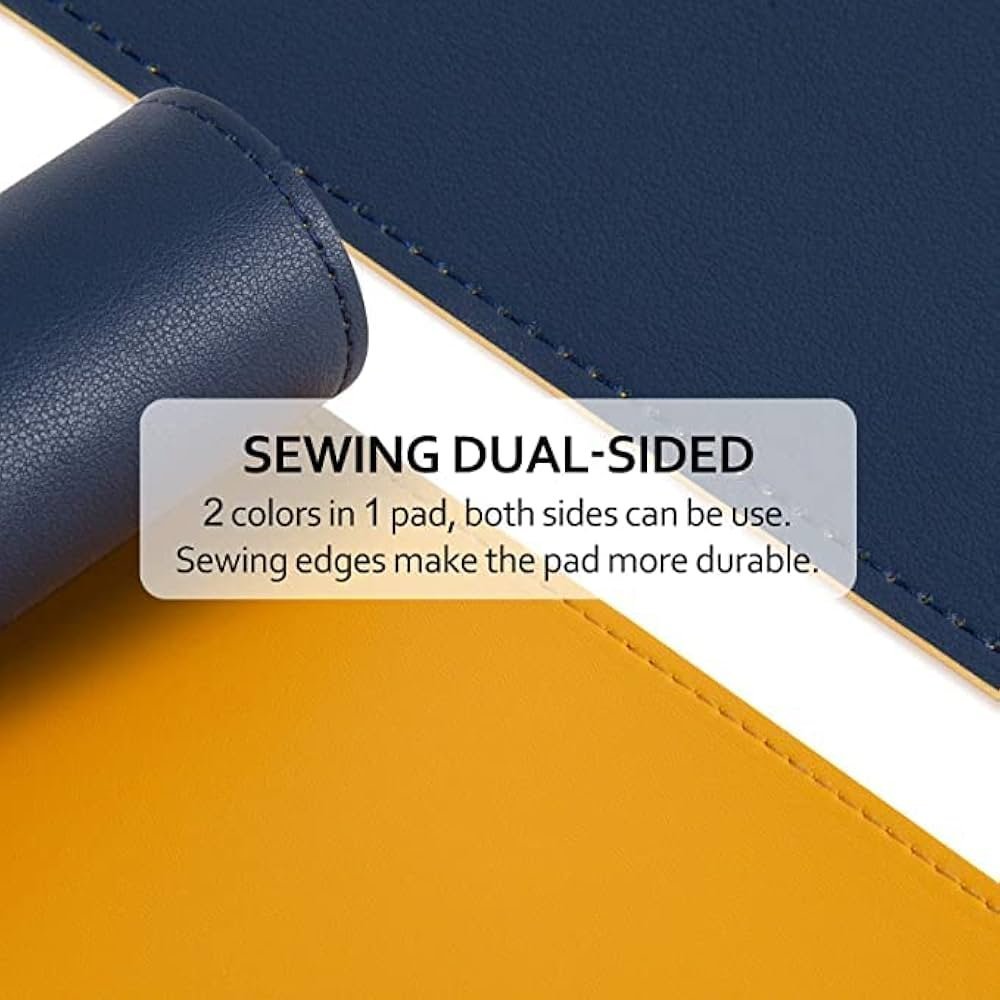 Blue and Yellow Faux Leather Desk Mat 90x45cm – Reversible Large Mouse Pad