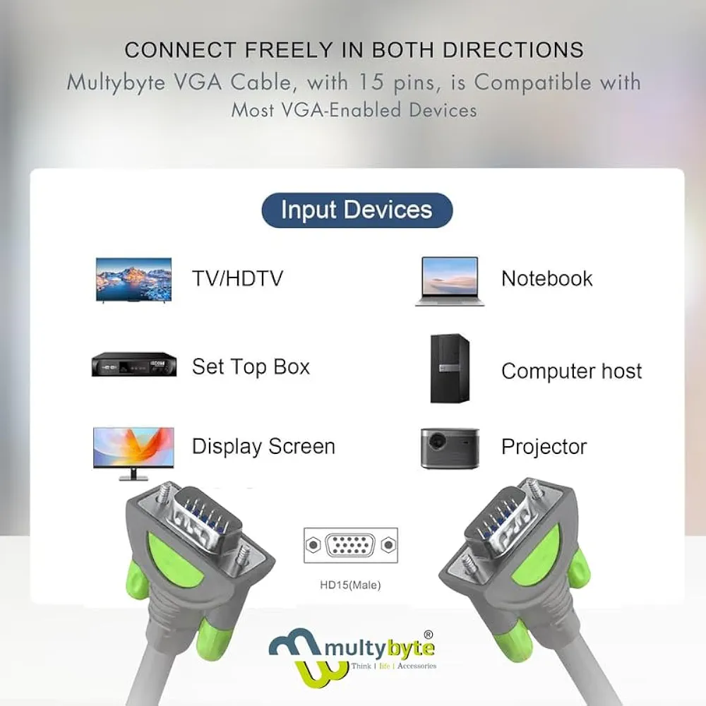 High-Resolution VGA Cable | Gold-Plated Connectors | Supports Up to 1920×1200 | Data Transfer Cable for Laptop to Monitor, Projector & External Display