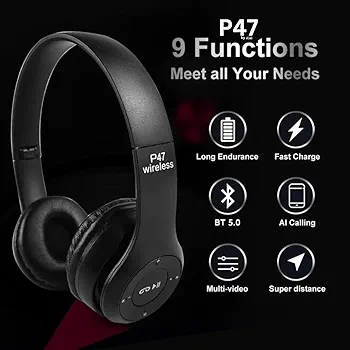 Gaming Bluetooth Wireless Over-Ear Headphones with Mic, TF Card & Aux Support, Heavy Bass, Rechargeable with Micro USB (Black)