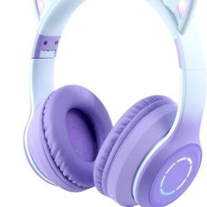 Kids Cat Ear Bluetooth Headphones with LED Lights – Foldable Over-Ear, HD Sound & Mic (Pro Purple)