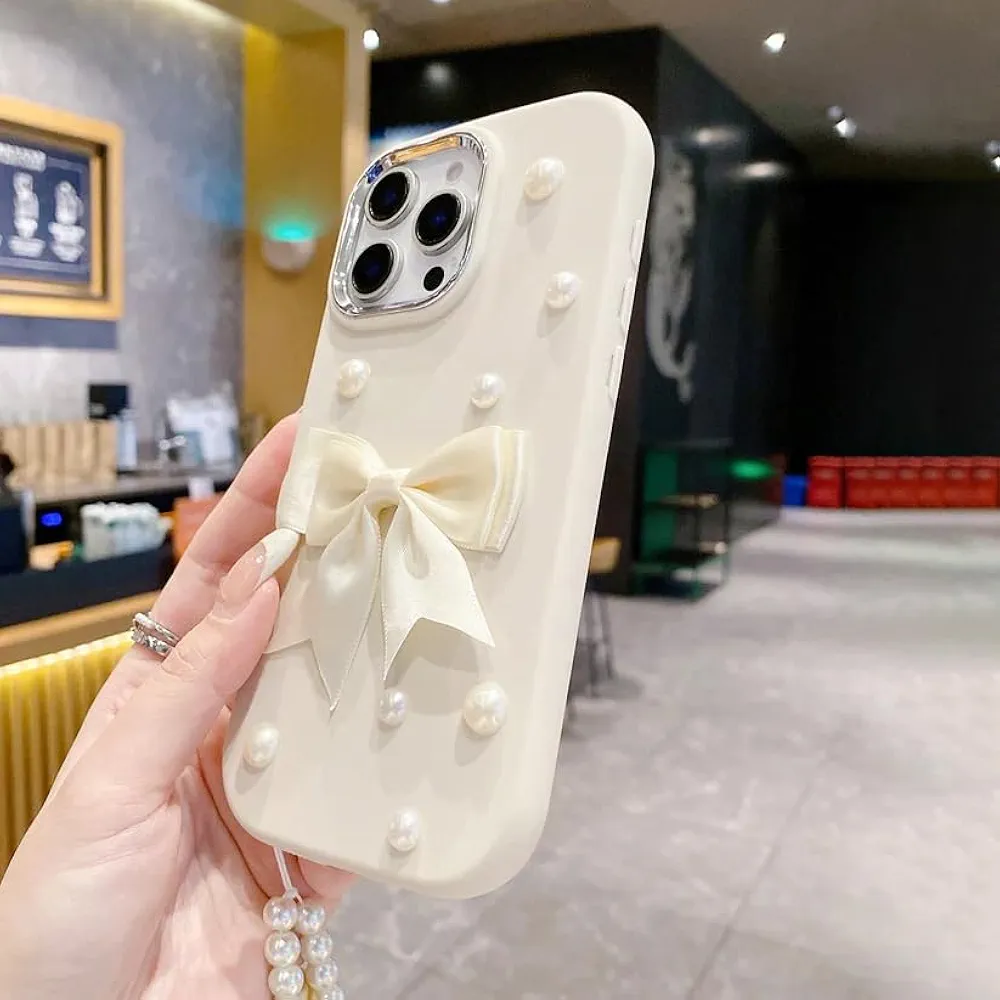Pearl Bow Silicone Case for iPhone 16 Plus – Beige