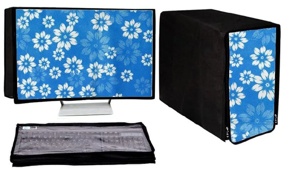 Blue Flowers PVC Desktop Cover Set – 3 in 1 Dust & Water Resistant PC Protector by GUTSAV SALES