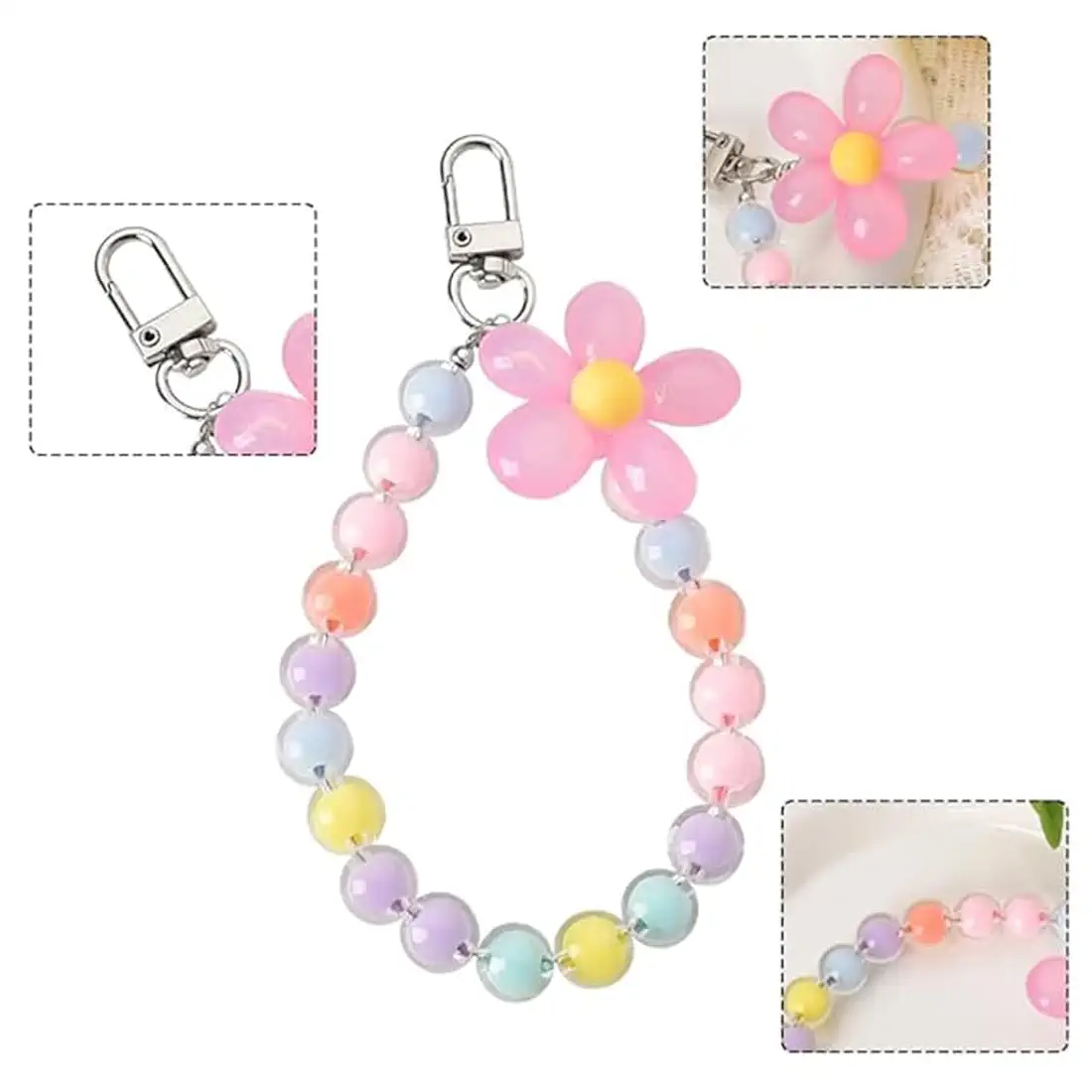 Phone Charm Chain for Girls – Flower Design, Vibrant Jelly Color Beads