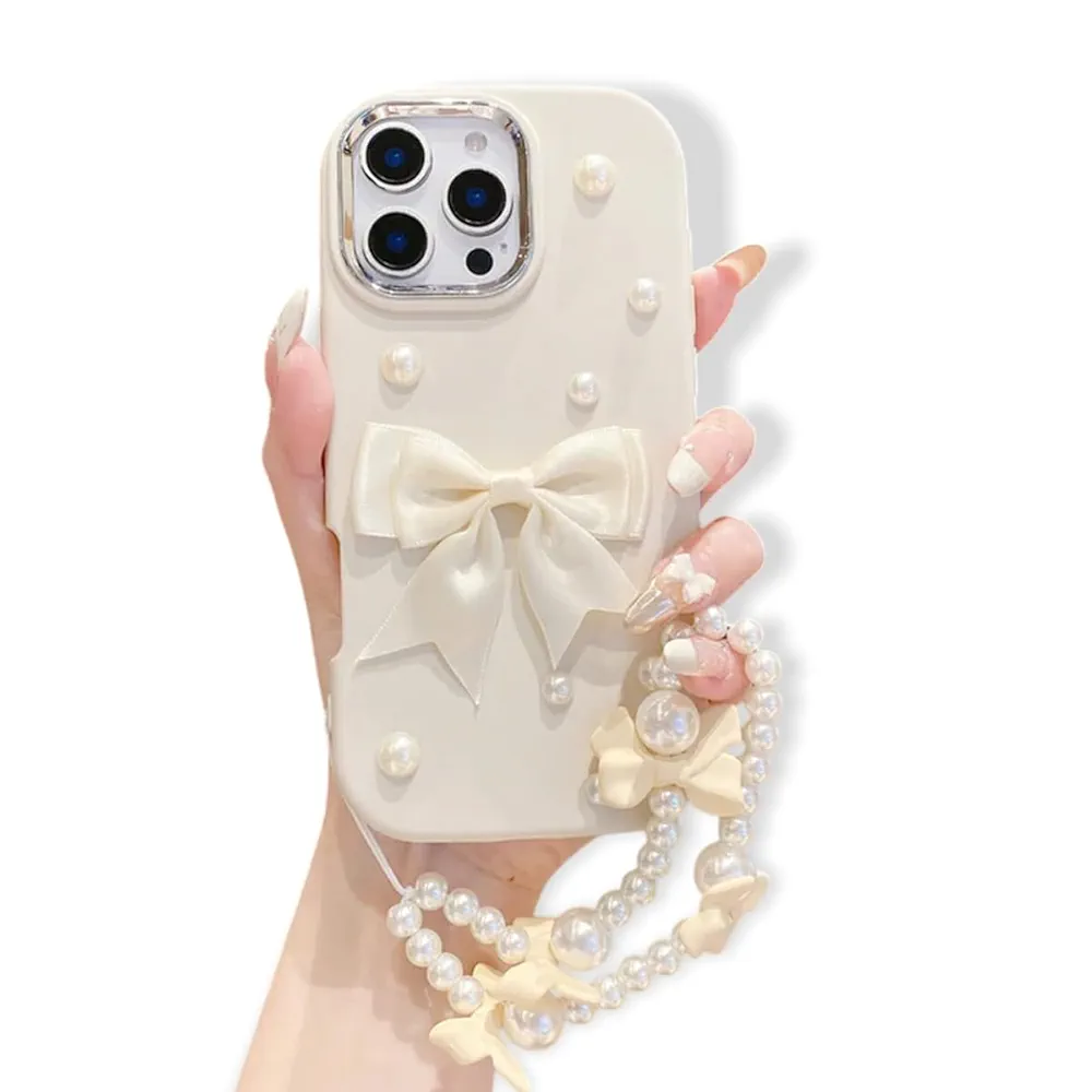Pearl Bow Silicone Case for iPhone 16 Plus – Beige
