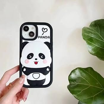 Cute 3D Panda Design Silicone Protective Back Cover Case for iPhone 15 – Shockproof Cartoon Case for Girls, Kids & Men, Black