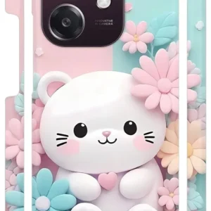 White Kitty Flowers Designer Back Cover for Oppo A3 5G / Oppo A3x 5G
