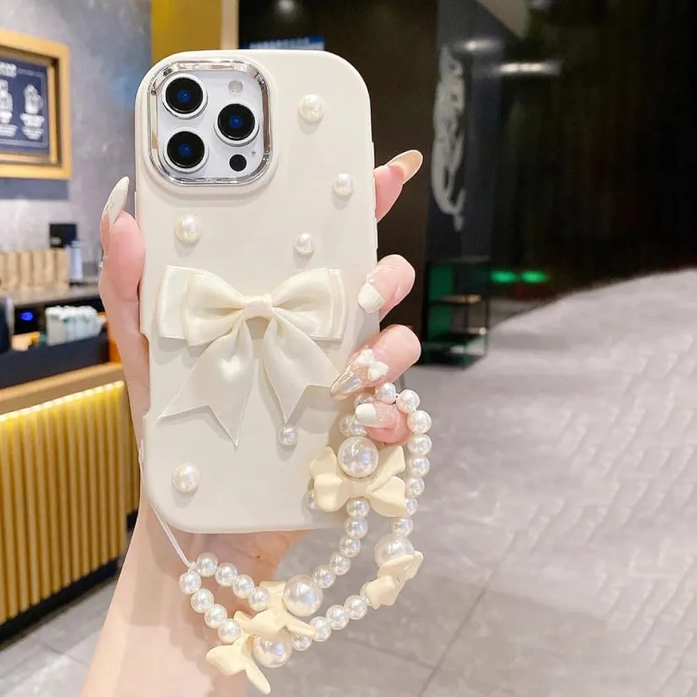 Pearl Bow Silicone Case for iPhone 16 Plus – Beige
