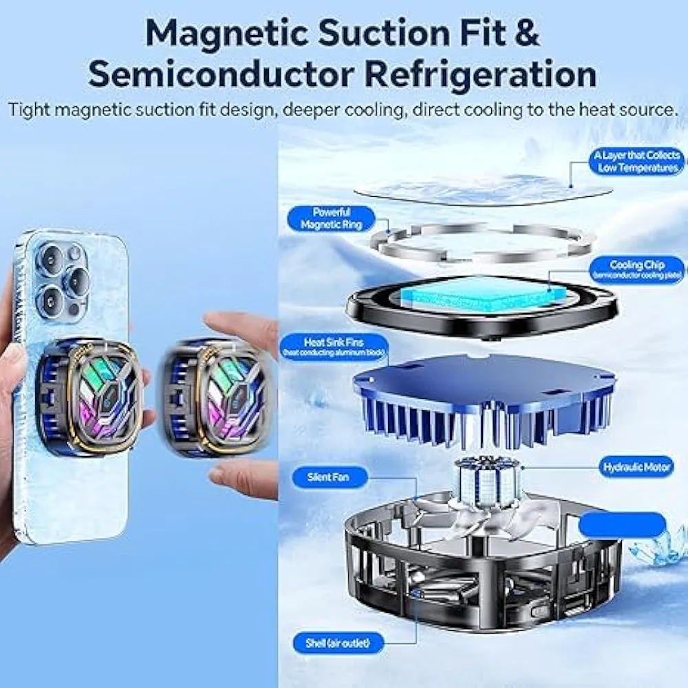 Magnetic RGB Phone Cooler – Rapid Ice Cooling Fan, Real-Time Temperature Display, Portable & Silent Gaming Radiator for Android & iOS