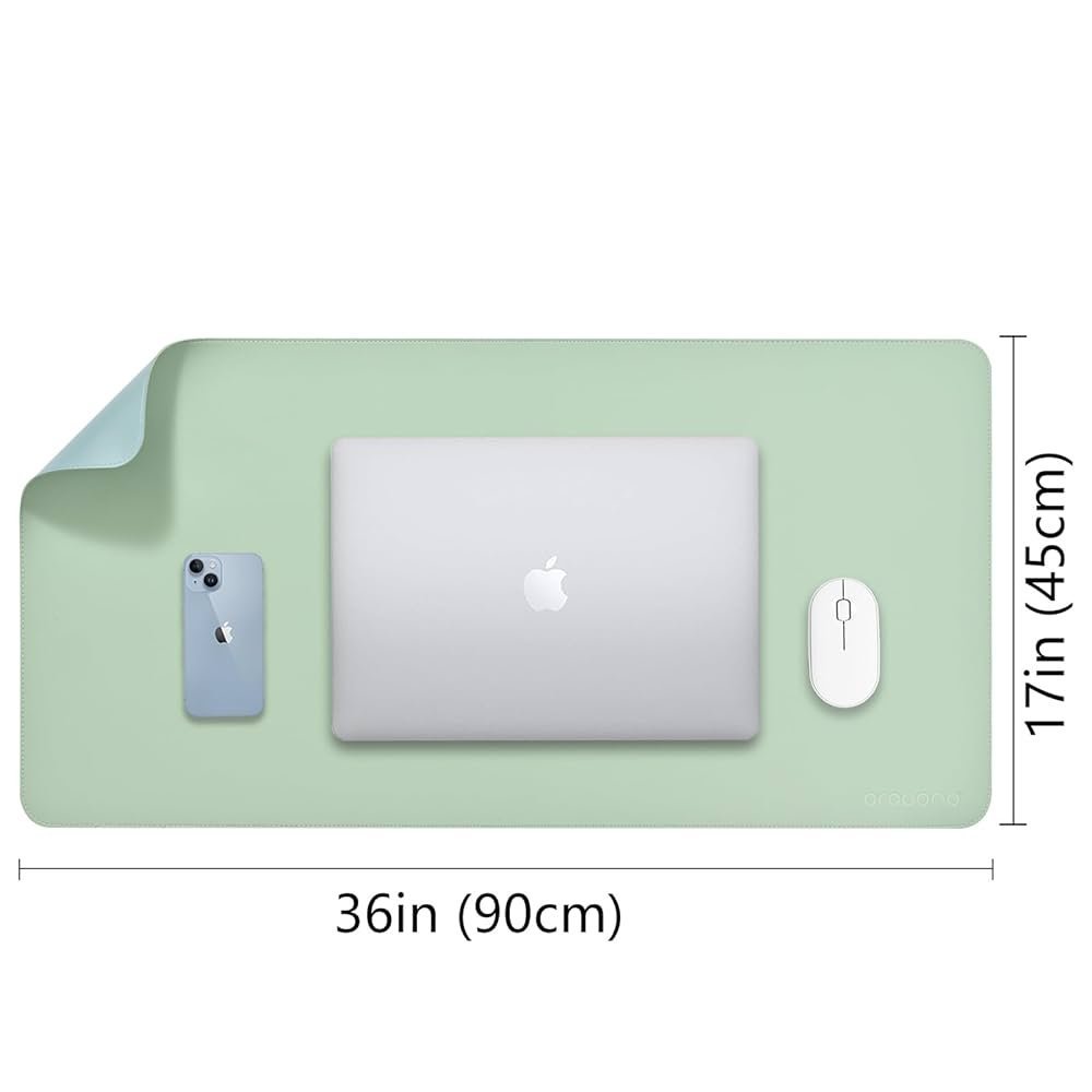 Light Green and Blue Faux Leather Desk Mat 90x45cm – Reversible Large Mouse Pad