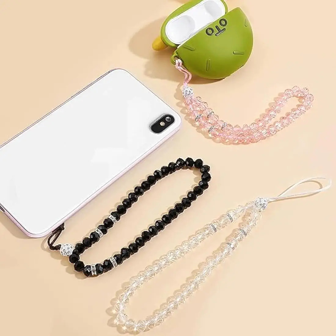 Phone Charm/Phone Strap – Pack of 4 Crystal Beaded Straps (Lavender, White, Black, Pink)