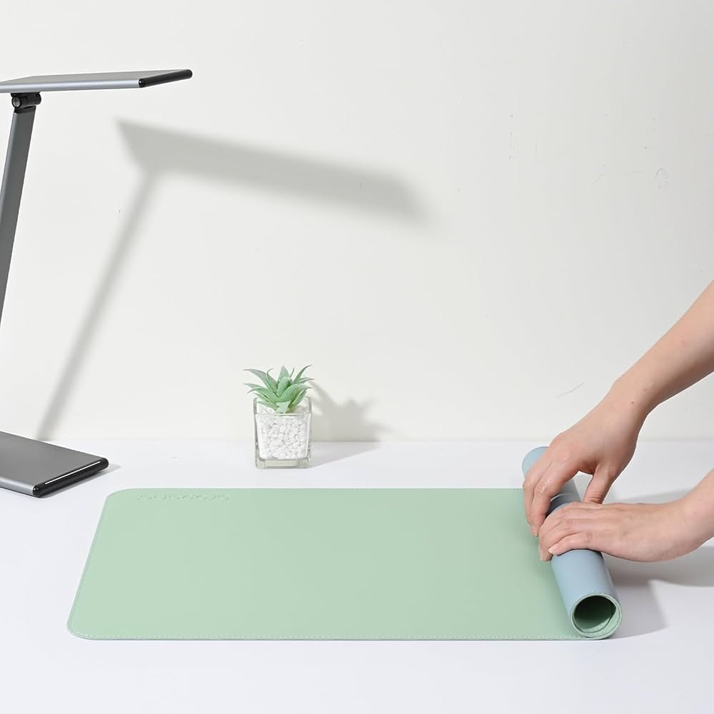 Light Green and Blue Faux Leather Desk Mat 90x45cm – Reversible Large Mouse Pad