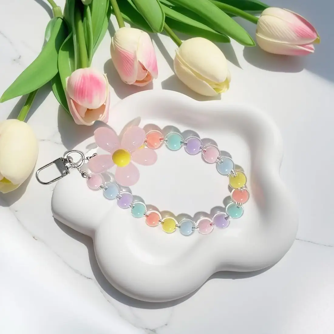 Phone Charm Chain for Girls – Flower Design, Vibrant Jelly Color Beads