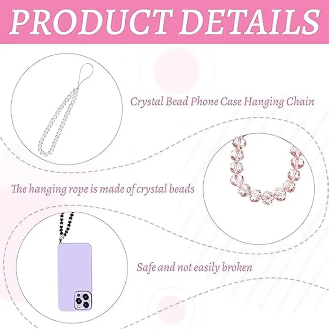 Phone Charm/Phone Strap – Pack of 4 Crystal Beaded Straps (Lavender, White, Black, Pink)