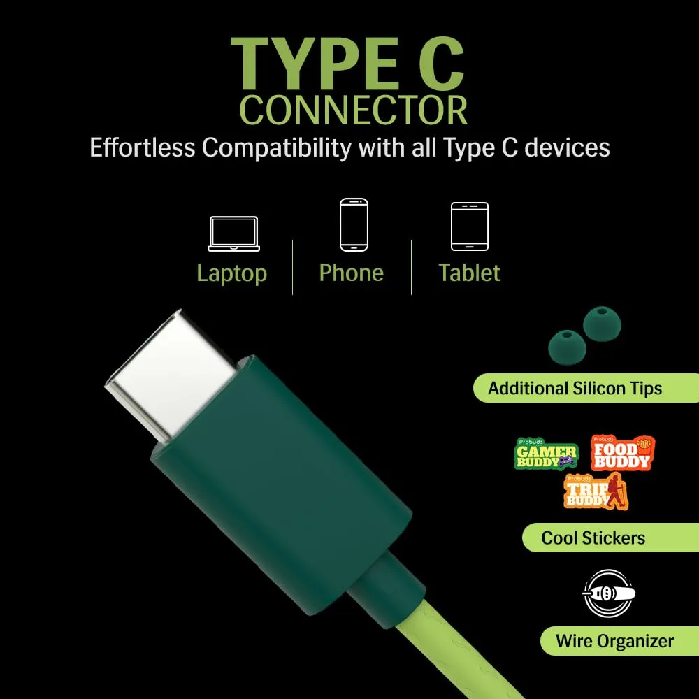 In-Ear Earphone with 12mm Bass Boosted Copper Driver, Type-C Jack & Mic (Green)