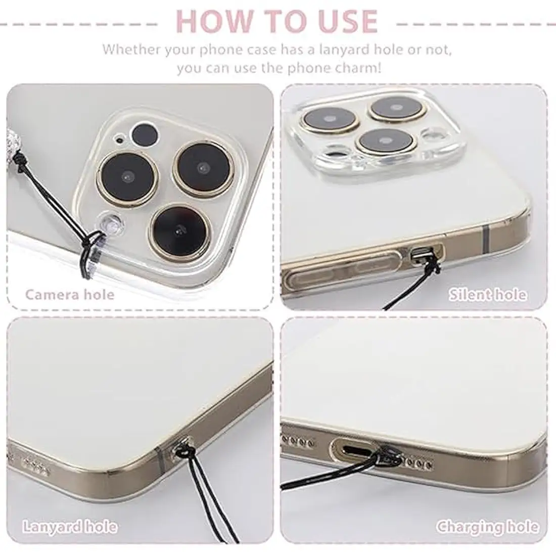 Phone Charm/Phone Strap – Pack of 4 Crystal Beaded Straps (Lavender, White, Black, Pink)