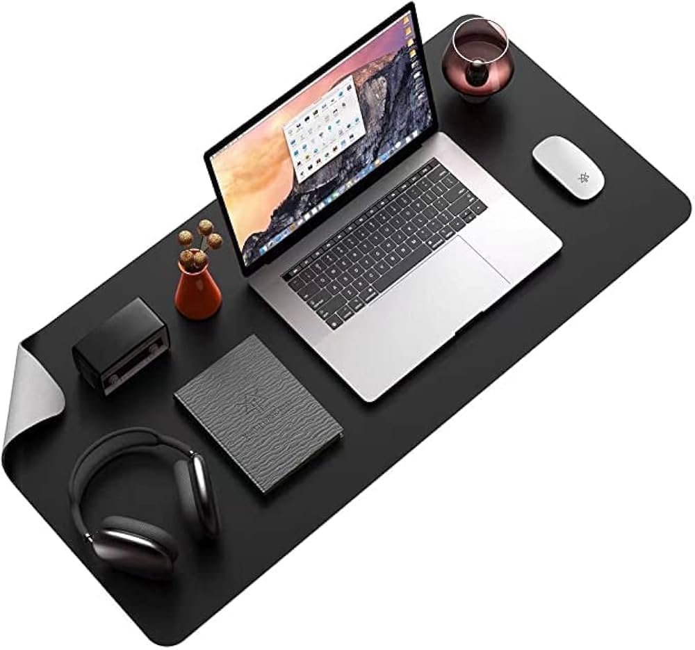 Black and Grey Faux Leather Desk Mat 90x45cm – Reversible Large Mouse Pad