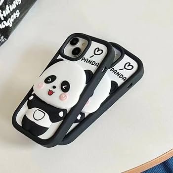 Cute 3D Panda Design Silicone Protective Back Cover Case for iPhone 15 – Shockproof Cartoon Case for Girls, Kids & Men, Black