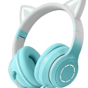 Kids Cat Ear Bluetooth Headphones with LED Lights – Foldable Over-Ear, HD Sound & Mic (Blue)