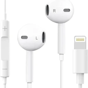 Stereo Lightning Earphones with Mic & Volume – MFi Certified, Noise Cancellation, Wired (White)