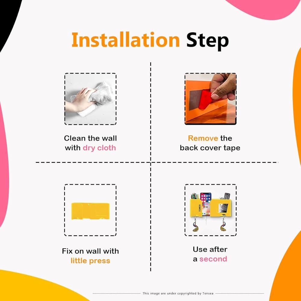 5-in-1 Wall Mount Mobile & Remote Holder – Multi-Purpose Storage Rack with Key, Pen, and Accessory Organizer, Self-Adhesive, Heavy Duty (Orange)