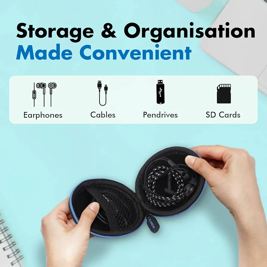 Earphone Carry Case & Multi-Use Travel Organizer with Anti-Scratch Mesh Pocket (Blue)