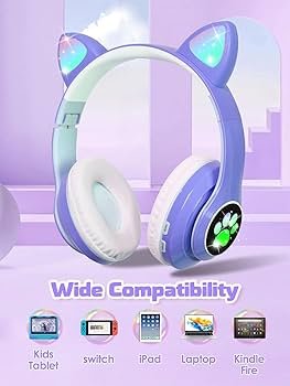 Royal Blue Cat Ear Kids Bluetooth Headphones with LED Lights, HD Sound, 105dB Volume Limit, Foldable Over-Ear Wireless & Wired Headset for PC/Tablet/School