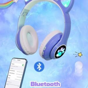 Royal Blue Cat Ear Kids Bluetooth Headphones with LED Lights, HD Sound, 105dB Volume Limit, Foldable Over-Ear Wireless & Wired Headset for PC/Tablet/School