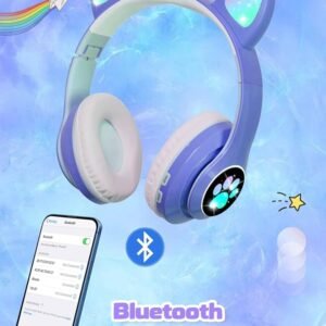 Royal Blue Cat Ear Kids Bluetooth Headphones with LED Lights, HD Sound, 105dB Volume Limit, Foldable Over-Ear Wireless & Wired Headset for PC/Tablet/School