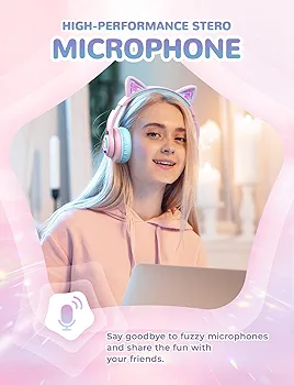 iClever BTH13 Bluetooth Kids Headphones | Cat Ear Wireless Over-Ear Headphones | Safe Volume Limited | 45H Playtime | Built-In Mic | Portable Headset for Tablet/PC, Pink