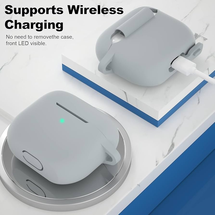 AirPods 4 Case (2024) Grey | Soft Silicone TPU Cover with Keychain | Full Protective Cute Case for AirPods 4th Gen (USB-C)