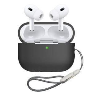 Silicone Protective Case for AirPods Pro 2 with Antilost Lanyard & Carabiner – Shockproof Full Protection Cover (Black)