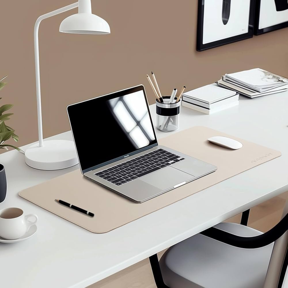 White and Coffee Leather Desk Mat 90x45cm – Reversible Large Mouse Pad