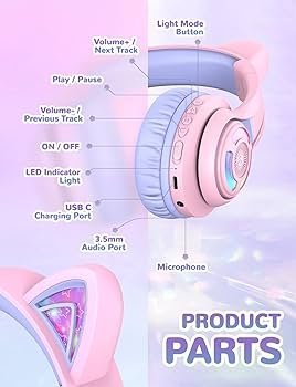 iClever BTH13 Bluetooth Kids Headphones | Cat Ear Wireless Over-Ear Headphones | Safe Volume Limited | 45H Playtime | Built-In Mic | Portable Headset for iPad, Tablets, Phones (Purple)