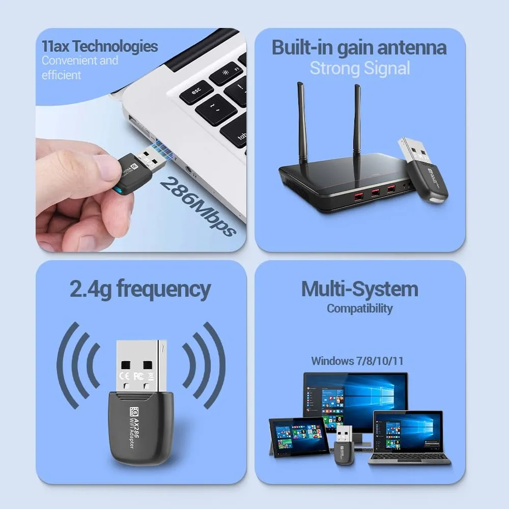 Wi-Fi Adapter for Desktop PC with LED Light | 300 Mbps USB Wi-Fi 6 Adapter | Windows 7/10/11