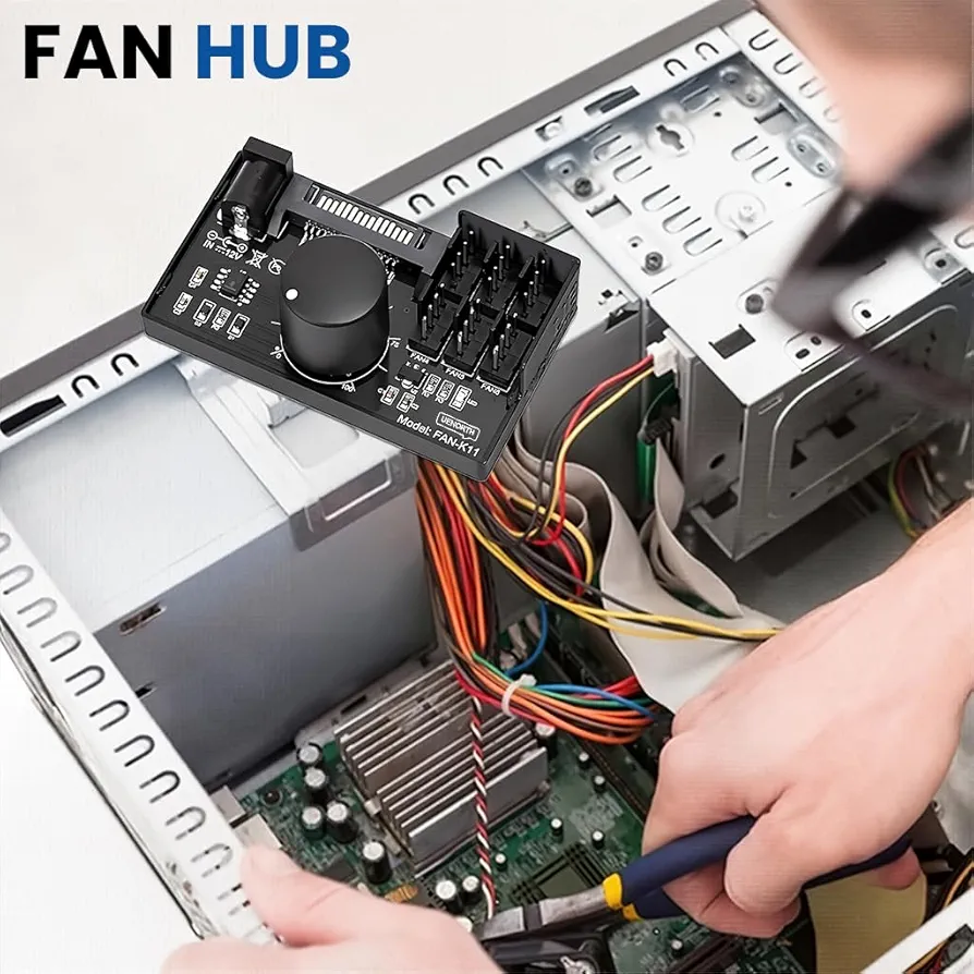 Multi-Fan Controller Hub with Speed Adjustment Knob | Supports 6 PWM Fans | SATA & DC 12V Input | Black Silicone Build