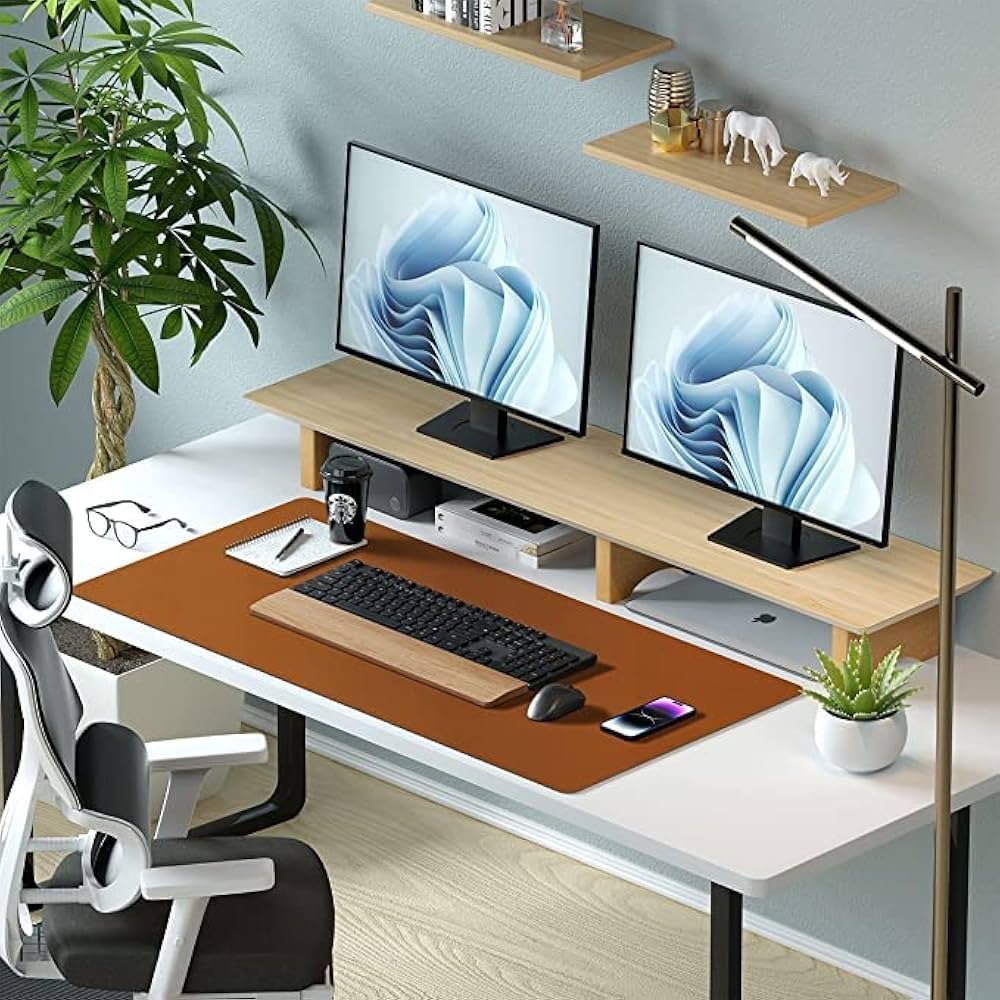 Brown and Grey Faux Leather Desk Mat 90x45cm – Reversible Large Mouse Pad