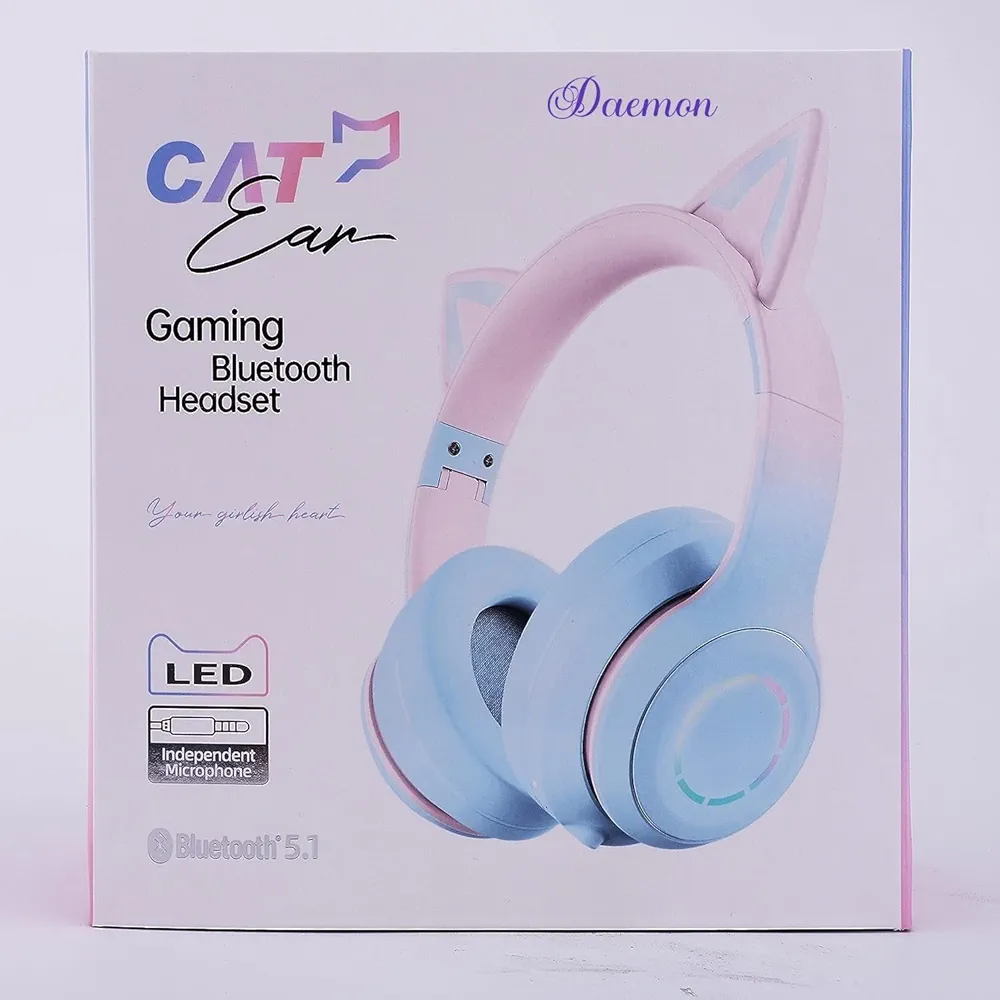 Kids Cat Ear Bluetooth Headphones with LED Lights – Foldable Over-Ear, HD Sound & Mic (Purple)