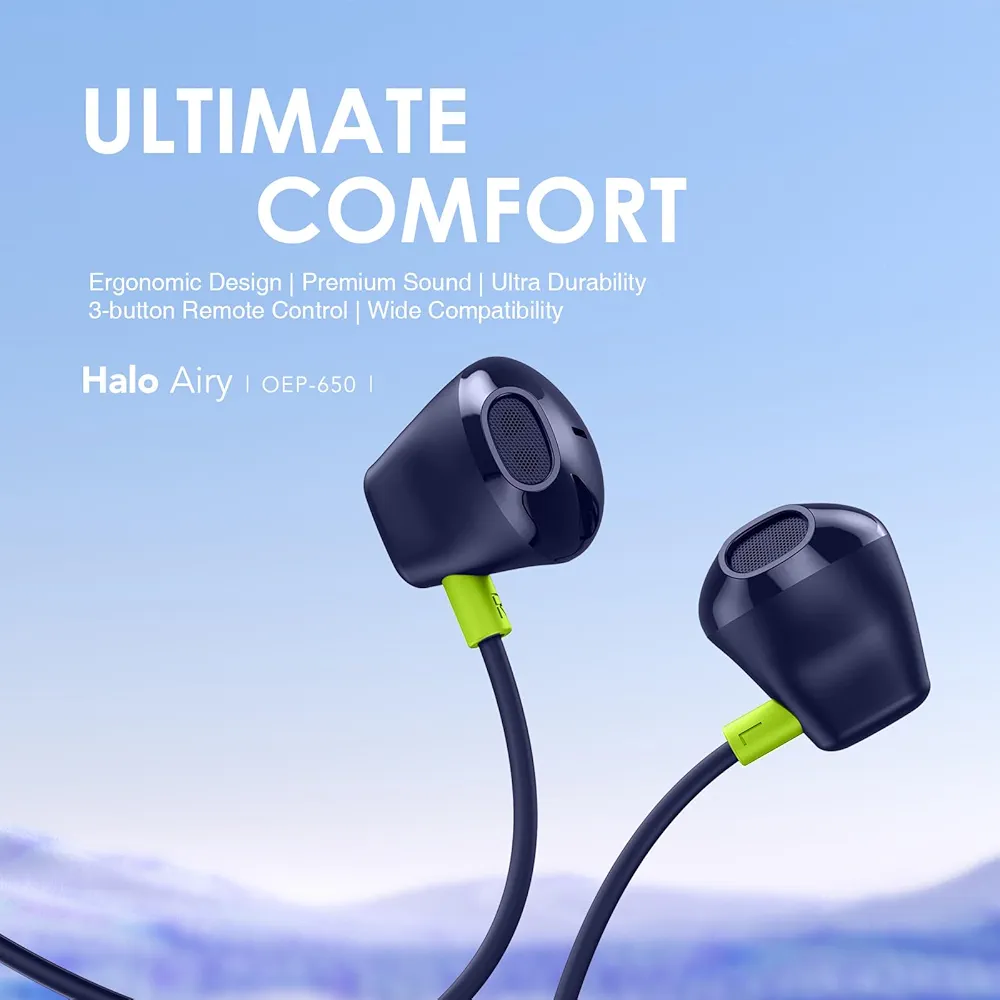 Halo Airy Type-C Wired In-Ear Earphones – Deep Bass, 3-Button Control & Mic (Blue)
