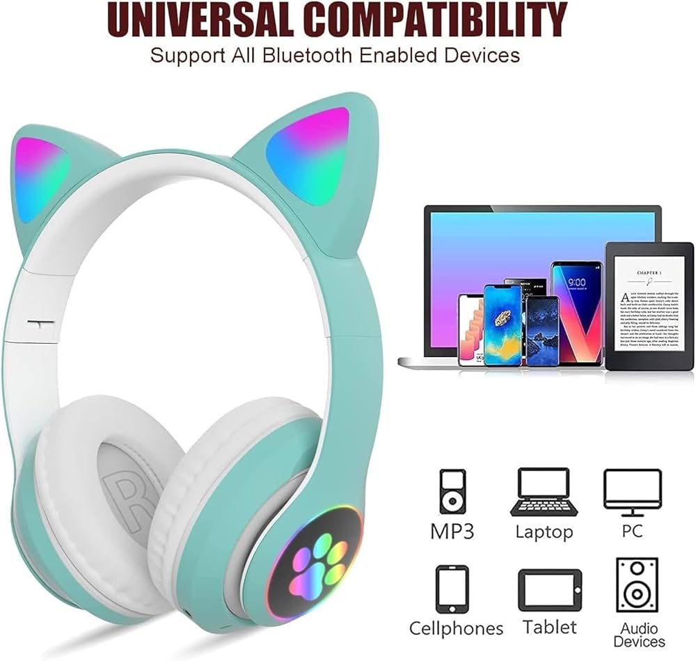 Green Cat Ear Kids Bluetooth Headphones with LED Lights, HD Sound, 105dB Volume Limit, Foldable Over-Ear Wireless & Wired Headset for PC/Tablet/School