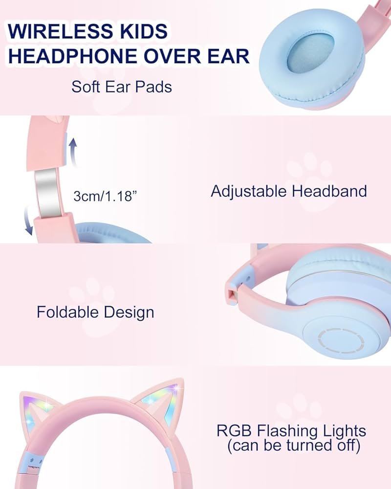 Pro Pink Blue Cat Ear Kids Bluetooth Headphones with LED Lights, HD Sound, 105dB Volume Limit, Foldable Over-Ear Wireless & Wired Headset for PC/Tablet/School
