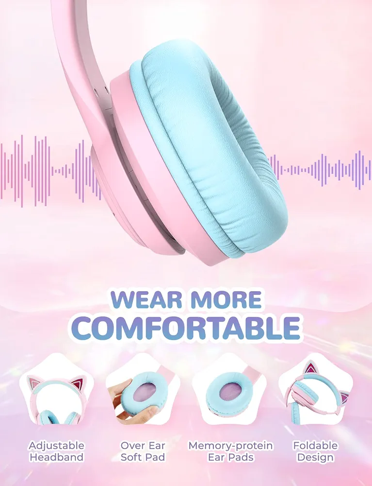 iClever BTH13 Bluetooth Kids Headphones | Cat Ear Wireless Over-Ear Headphones | Safe Volume Limited | 45H Playtime | Built-In Mic | Portable Headset for Tablet/PC, Pink