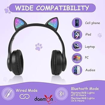 Kids Cat Ear Bluetooth Headphones with LED Lights – Foldable Over-Ear, HD Sound & Mic (Black)