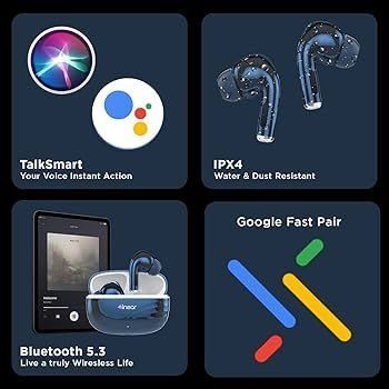 Bluetooth TWS Earbuds | Up to 60H Playtime | Dual Device Pairing | Fast Type-C Charging | Touch Controls | Deep Bass | Voice Assistant Support | IPX4 Sweat Resistant | True Wireless (Blue)